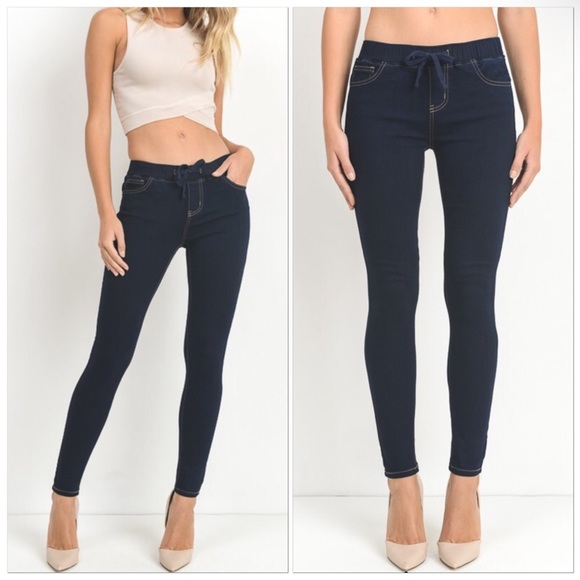 Denim - 🆕DARK BLUE SOFT STRETCHY DENIM JOGGER LEGGINGS DRAWSTRING WAIST SMALL MED LARGE